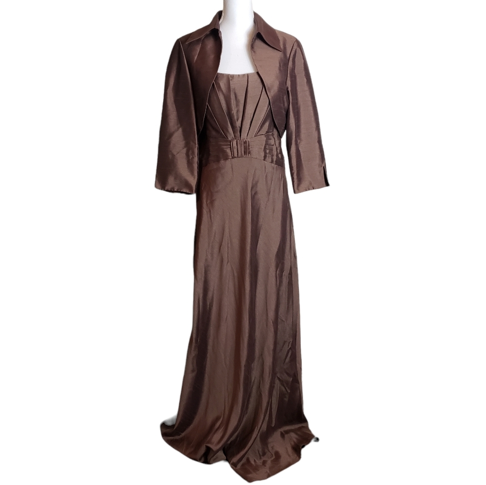 Eliza J Bronze Brown Maxi Dress & Bowlero Jacket Size 12/14 Formal Wedding READ